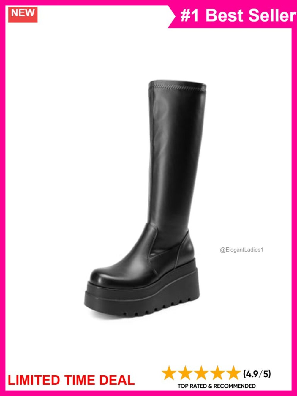Platform Knee High Round Toe Boots Faux Leather Side Zip